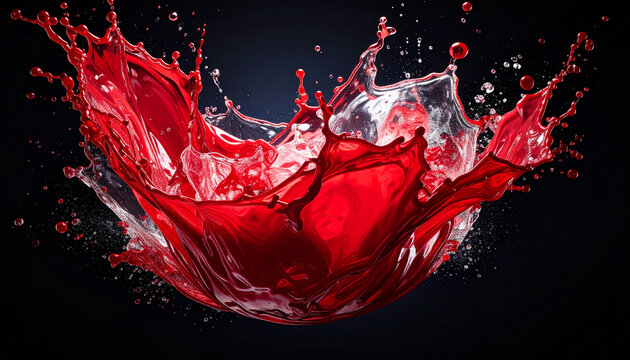 Red liquid splashing with clear liquid on black background