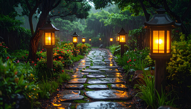 Rainy Japanese Garden Pathway Lined with Glowing Lanterns and Flowers