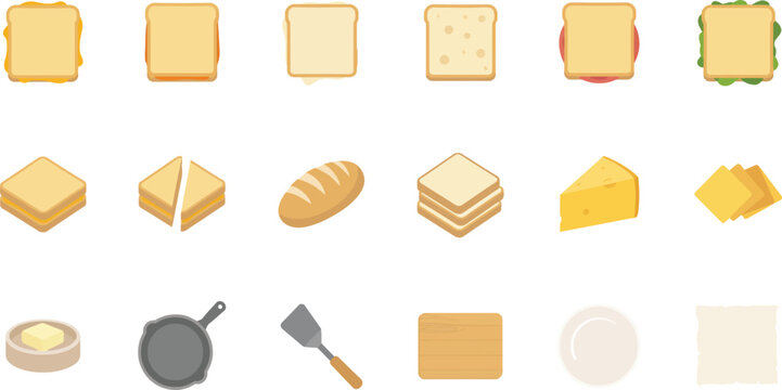 Set of flat vector icons featuring various bread slices, sandwiches, cooking utensils, and kitchenware equipment.