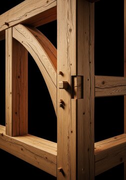 A detailed view of a traditional timber frame structure showing complex wood joinery, sturdy oak beams, and rustic craftsmanship, grain, interlocking, peg