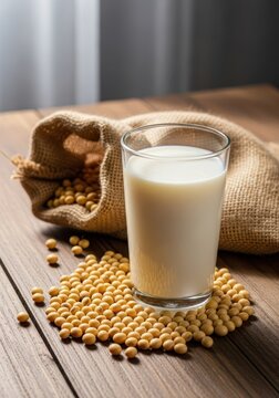 A glass of fresh white soymilk stands on a wooden table surrounded by scattered raw yellow soybeans and a burlap sack in soft natural light, table, wooden, lactose-free