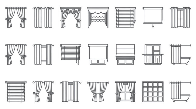 Curtains, blinds, and window treatment line icons.