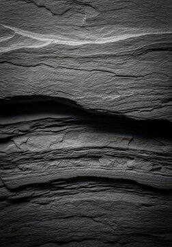 Close-up view of a natural dark gray slate surface featuring intricate layered textures and subtle variations in charcoal and graphite tones, dark, interior, tile