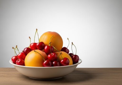 Freshly picked red cherries and golden peaches arranged together in a bowl on a wooden surface, highlighting natural colors and textures, produce, still life, market