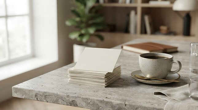 Minimalist blank paper stack mockup on a marble table with coffee and plants in a bright interior design setting