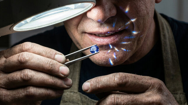 Jeweler examining blue gemstone with tweezers and magnifying lamp. Professional gemologist evaluating quality of cut sapphire. Craftsmanship and luxury jewelry production process