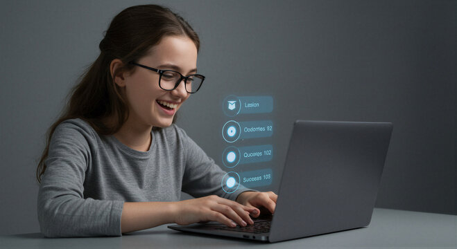 Student woman wearing glasses using laptop for online education. Young girl interacting with digital learning interface and academic course menu. E-learning platform and digital classroom