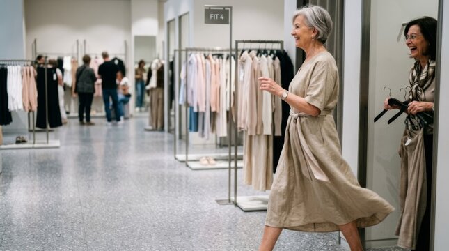 Two senior women smiling while shopping for clothes in a modern boutique fitting room