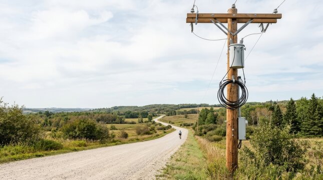 Rural cyclist on winding gravel road beside power pole with transformer and service wires, wide-angle landscape with open sky