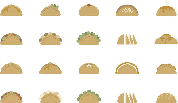 Set of various flat vector empanadas and savory baked pastries icons for menu design or food illustration projects