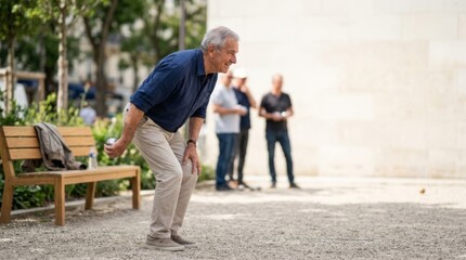 Obraz premium Senior man playing pétanque outdoors, aiming boule with teammates blurred in background, bright daylight
