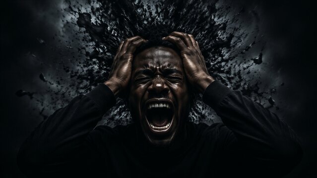 Man screaming as dark fragments explode from head amid darkness