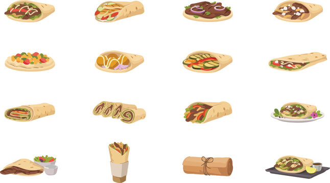 Set of various wraps and burritos in flat vector style for fast food menu or restaurant culinary illustration