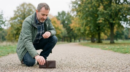 Obraz premium Man finding lost leather wallet on park path, environmental portrait, soft bokeh, overcast light