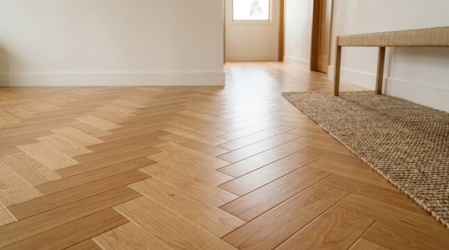 Honey maple parquet floor with herringbone pattern and bench vignette, interior design concept with copy space