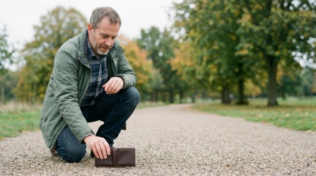 Man finding lost leather wallet on park path, environmental portrait, soft bokeh, overcast light