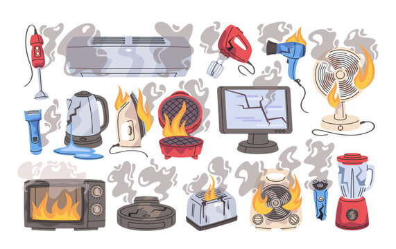 Appliance Malfunction With Smoke And Fire Cartoon