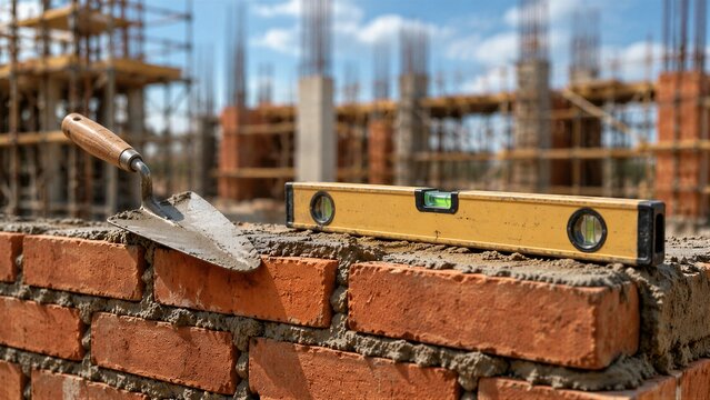 Bricklayer tools and level on partially built wall construction