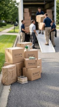 Movers loading boxes onto a truck on a suburban street, symbolizing relocation and home organization