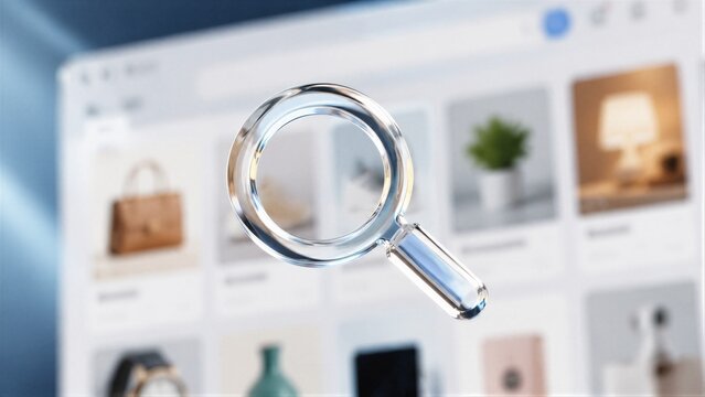 Magnifying glass focusing on product grid in blurred website