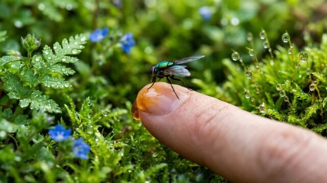 A metallic green fly drinks sweet nectar from a human finger amidst dewy plants