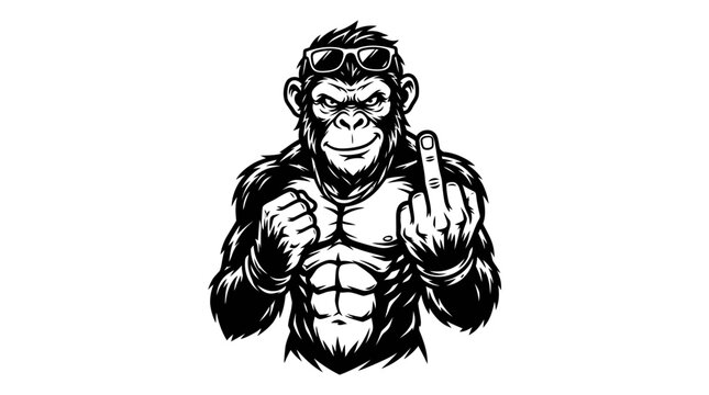 Muscular monkey with sunglasses showing rude middle finger gesture.