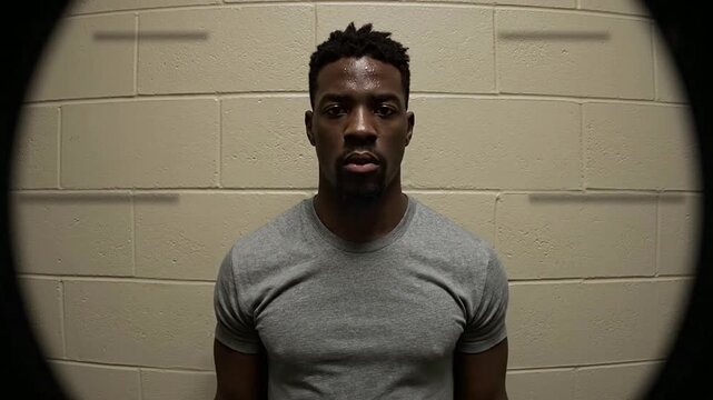 First-Person Perspective Of A Suspect Being Photographed For Police Identification Against Plain Background