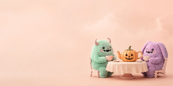 Plush Halloween spooky monster friends sharing tea from a jack-o'-lantern teapot at a miniature table on peach background, showcasing the trendy cozy pastel spooky tea party banner concept