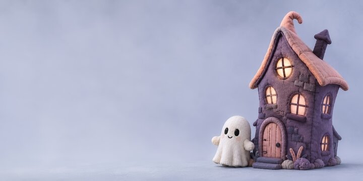 Kids Halloween party with plush ghost near a cute haunted house with glowing windows on a misty blue background, showcasing the trendy pastel cozy horror banner with generous copy space