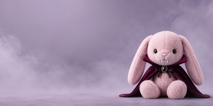 2027 Happy Halloween plush vampire bunny in a burgundy velvet cape with jeweled brooch on a smoky lavender background, showcasing the trendy gothic kawaii soft toy banner visual with copy space