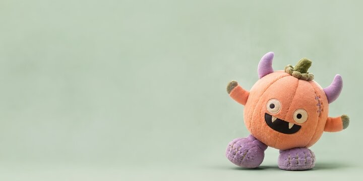 2027 Happy Halloween plush pumpkin monster with purple horns, stitched shoes and playful vampire fangs on a misty mint background, highlighting the trendy kawaii spooky mascot banner with copy space
