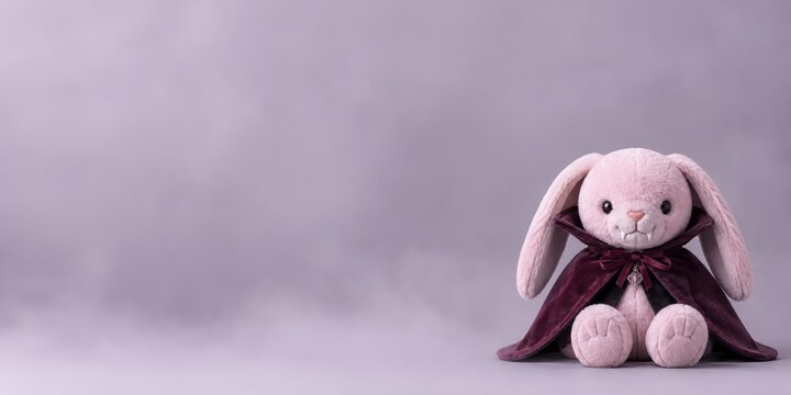 2027 Happy Halloween plush vampire bunny wearing a burgundy velvet cape on a misty lavender background with copy space, highlighting the trendy gothic kawaii soft toy character banner concept