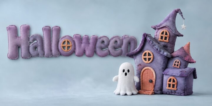 Kids Happy Halloween plush typography beside a white ghost and purple haunted house with crooked towers on a misty blue background, presenting the trendy pastel cozy horror greeting banner concept