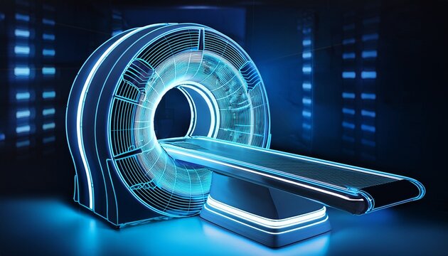 futuristic mri scanner glowing with blue neon lines on a dark abstract background representing medical technology and diagnostics