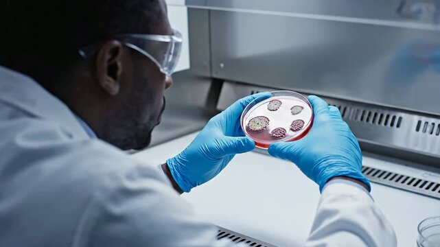 Scientist Examining Bacteria Cultures In A Petri Dish Under Advanced Laboratory Conditions