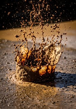 A dynamic close-up of thick brown mud splattering against a textured surface, showing liquid droplets and heavy dirt spray in mid-air, chaotic, outdoor, ground