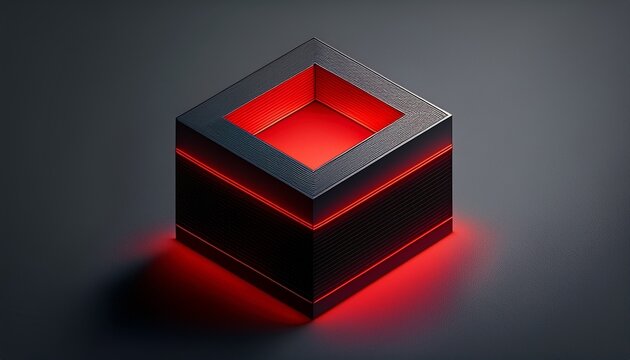 minimalist black isometric design of an illuminated red block on top of a dark grey surface generative ai