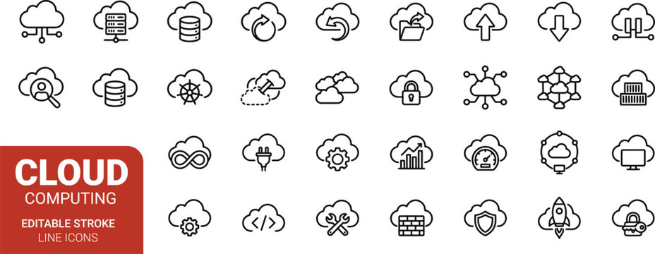 Cloud Computing, Cloud Storage, Cloud Infrastructure, Cloud Services, Server Network, Editable Stroke, Line Icons, Vector Illustration
