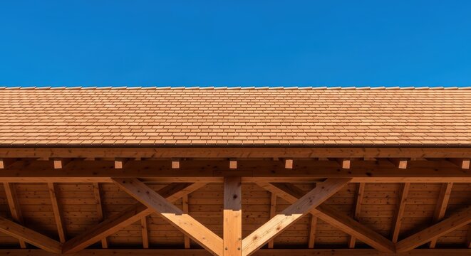 A wide angle view of a sturdy wooden shelter roof featuring cedar shingles and geometric beams set against a clear blue sky background, sky, wooden, backdrop