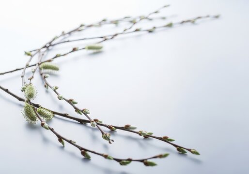 Delicate white willow branches resting on a pale surface, symbolizing peace, purity, and natural elegance, light, foliage, cream