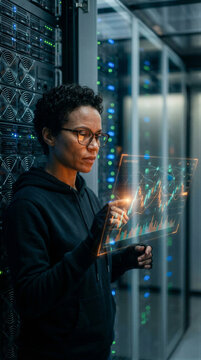 Woman network engineer managing server infrastructure with holographic interface. It developer analyzing data trends on transparent screen in data center. Innovative digital cloud technology system