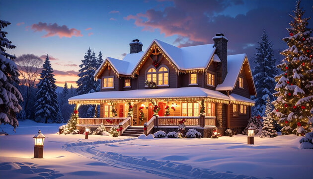 Cozy snow-covered house with Christmas lights at dusk