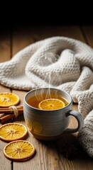 Fototapeta premium Steaming ceramic mug of hot herbal tea sits on a rustic wooden table beside dried orange slices, cinnamon sticks, and a soft knitted throw, wellness, knitted, liquid