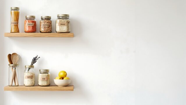 Two wooden shelves mounted on a white wall featuring glass jars filled with dry food ingredients and wooden kitchen utensils