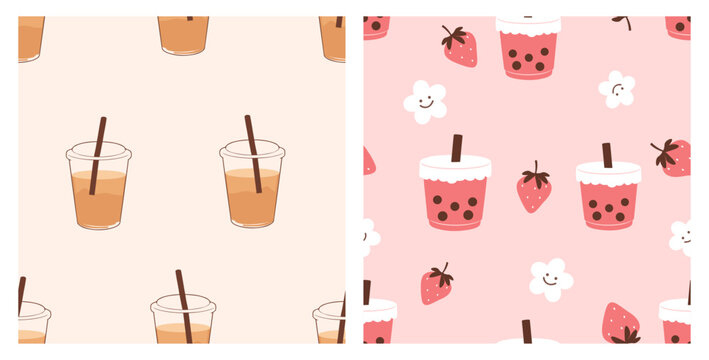 Cute seamless drink pattern collection featuring iced coffee and strawberry bubble tea with hand drawn flat vector illustrations for fabric, wrapping paper, cafe branding, stickers, packaging, and tex
