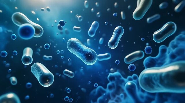 Cinematic microscopic view of glowing blue autophagy vesicles in cellular fluid