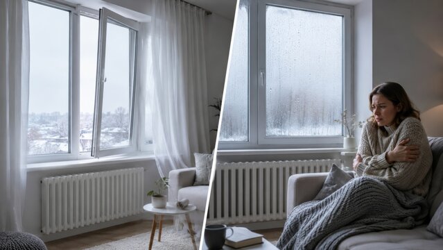 Open winter window and condensation in a cold living room