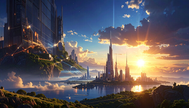 Futuristic city skyline at sunset with glowing lights and clouds
