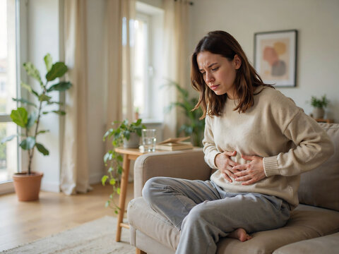 A young woman sitting on a couch in a living room, holding her stomach with a painful expression, suffering from abdominal pain or indigestion