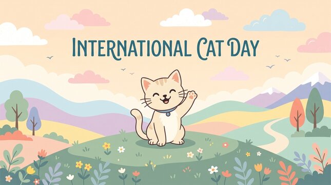 Cute cartoon cat waving hello for the international cat day